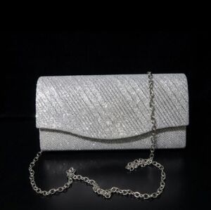 Silver Glitter Evening Clutch with Chain Strap